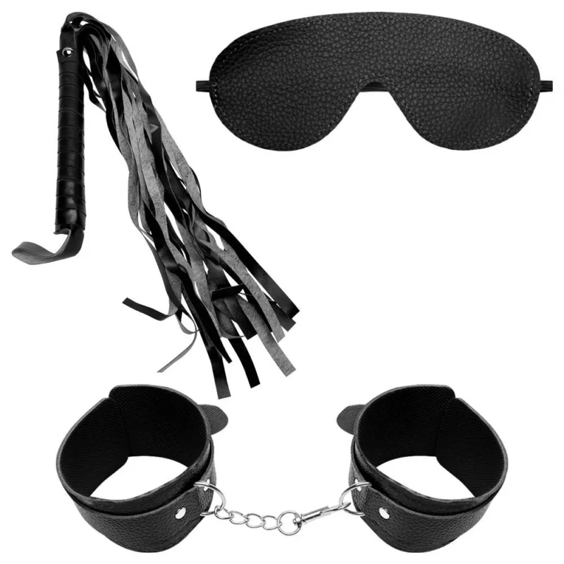 CHICOTINHO COM ALGEMA BRACELETE DE FIVELAS AJUSTÁVEIS E VENDA  - KIT SADO SEDUÇÃO 03 PEÇAS - PRETO