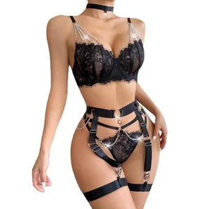 CONJUNTO LINGERIE DE LUXO SUPER SEXY COM CINTA E CORRENTES DE METAL