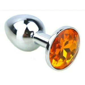 PLUG ANAL MÉDIO - METAL CROMADO EM AÇO INOX - PEDRA DOURADA