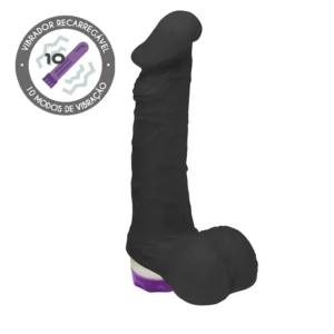 PÊNIS ZEUS COM ESCROTO E VIBRADOR RECARREGÁVEL 10 VELOCIDADES 20,5 x 4,5cm - Preto