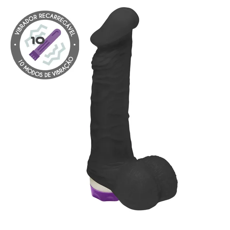 PÊNIS ZEUS COM ESCROTO E VIBRADOR RECARREGÁVEL 10 VELOCIDADES 20,5 x 4,5cm - Pret
