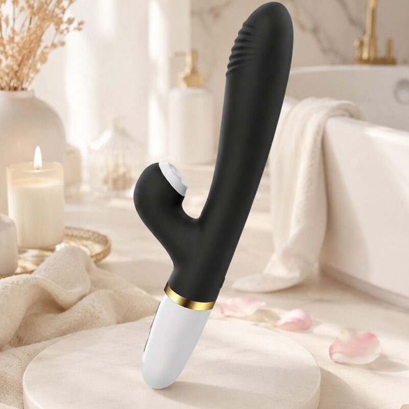 VIBRADOR DUPLO COM MOVIMENTO VAI E VEM E SUGADOR DE CLITÓRIS - PRETO