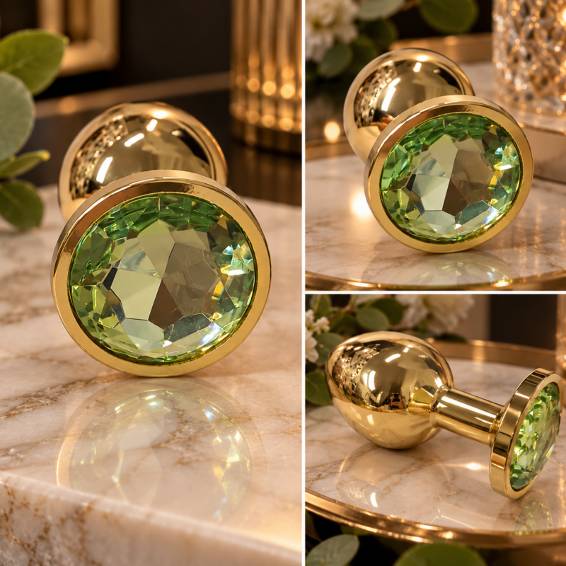 PLUG ANAL GRANDE - METAL DOURADO EM AÇO INOX - PEDRA SEMI JOIA VERDE